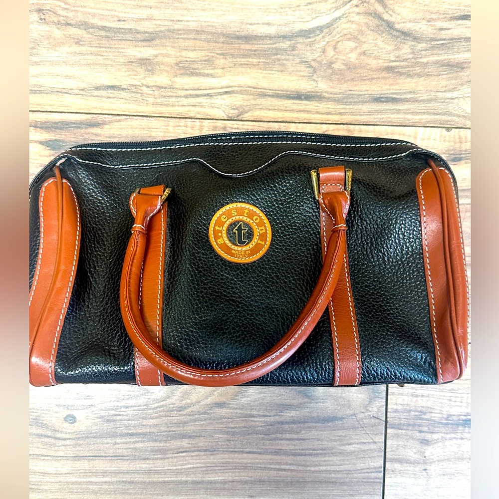 Authentic A. Testoni Italian made Black and Brown Leather Satchel / mini duffle.
